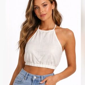 CRESCENT Linen Blend Halter Top Ivory Size Medium NWT